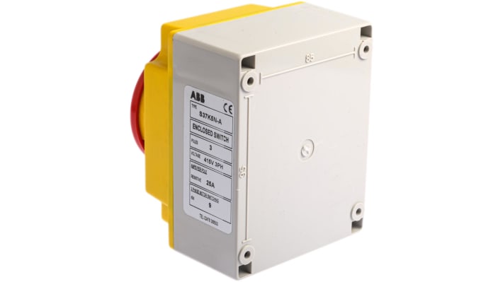 Interruttore di isolamento ABB S37K5N, 3 poli, IP65, 25 A, contenitore ignifugo, dimensioni 100x107x125 mm, maniglia rossa/gialla.