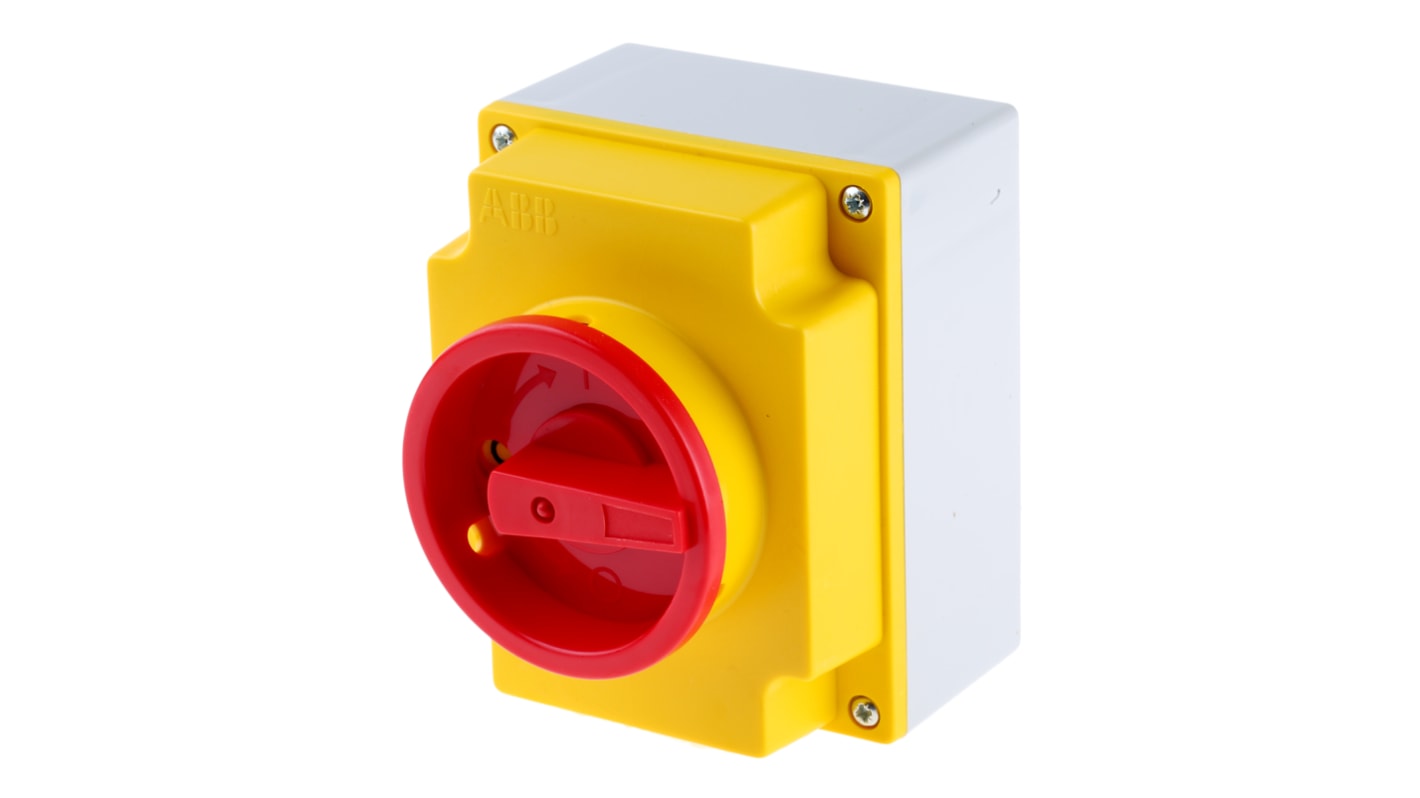 Interruttore di isolamento ABB S315KN-A, 3 poli, IP65, 40A, con maniglia rosso/giallo, dimensioni 125x100x107mm.