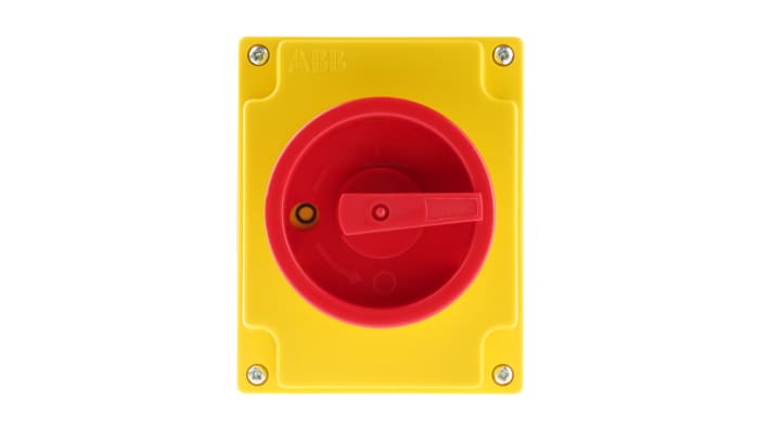 Interruttore di isolamento ABB S315KN-A, 3 poli, IP65, 40A, con maniglia rosso/giallo, dimensioni 125x100x107mm.