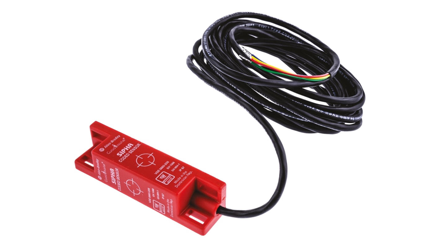 Interruttore di sicurezza magnetico Allen Bradley Guardmaster 440N-S32015, IP67, 250 V ac, 300 V cc, dimensioni 19x19x82 mm.