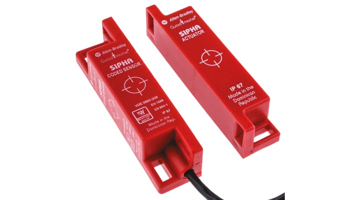 Interruttore di sicurezza magnetico Allen Bradley Guardmaster 440N-S32015, IP67, 250 V ac, 300 V cc, dimensioni 19x19x82 mm.
