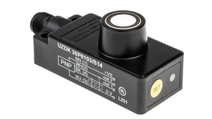 Sensore di prossimità Baumer UZDK 30P6103/S14, tecnologia a ultrasuoni, PNP, rilevamento 100-1000 mm, IP67, dimensioni 65 x 30 x 31 mm.