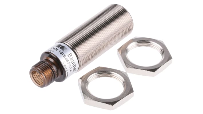 Sensore fotoelettrico cilindrico Baumer FZAM 18P6460/S14, rilevamento 60-430 mm, uscita PNP, IP67, M18 in ottone.