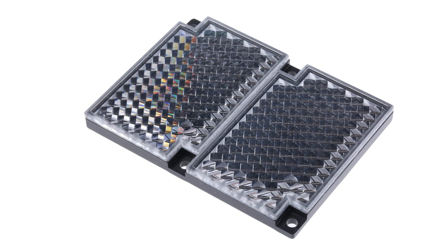 Riflettore Omron E39-R2 per sensori a lunga portata, dimensioni 81 x 60 x 7,5 mm, grado di protezione IP67.