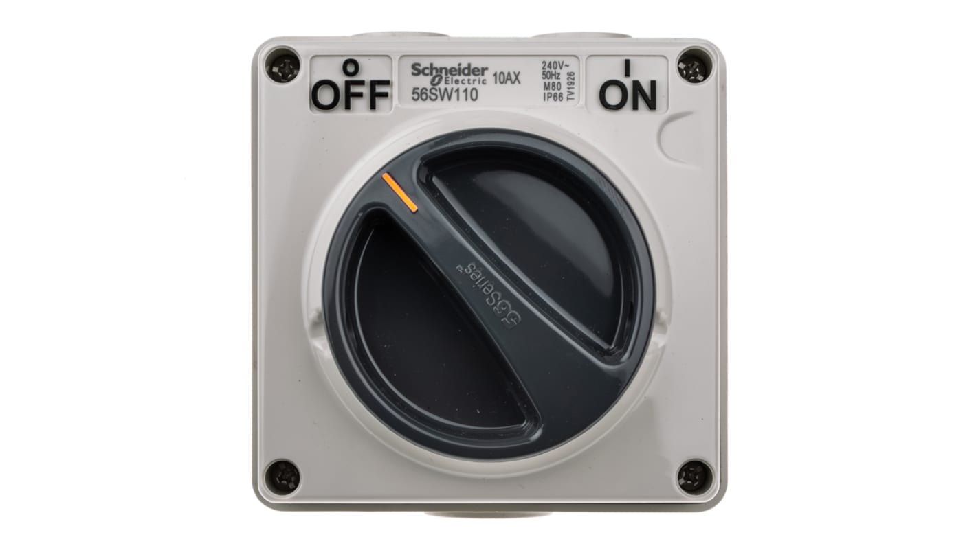 Interruttore di isolamento Schneider Electric 1P, 250V, IP66, montaggio su superficie, dimensioni 107x101x83mm, maniglia grigia.