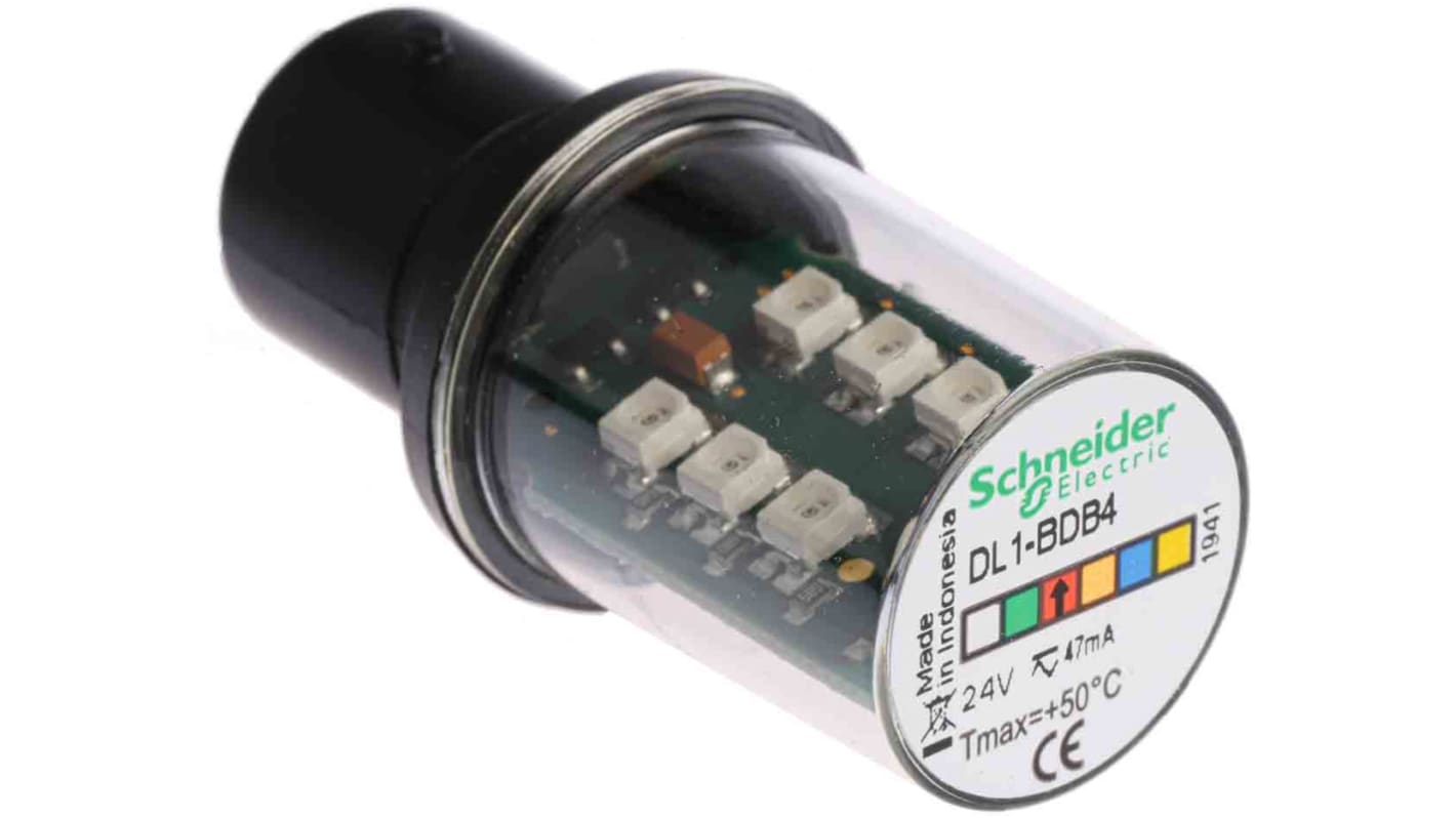 Lampadina LED Schneider Electric DL1BDB4 per segnalatori luminosi modulari. Ideale per ambienti industriali, con 100.000 ore di illuminazione e protezione IP66.