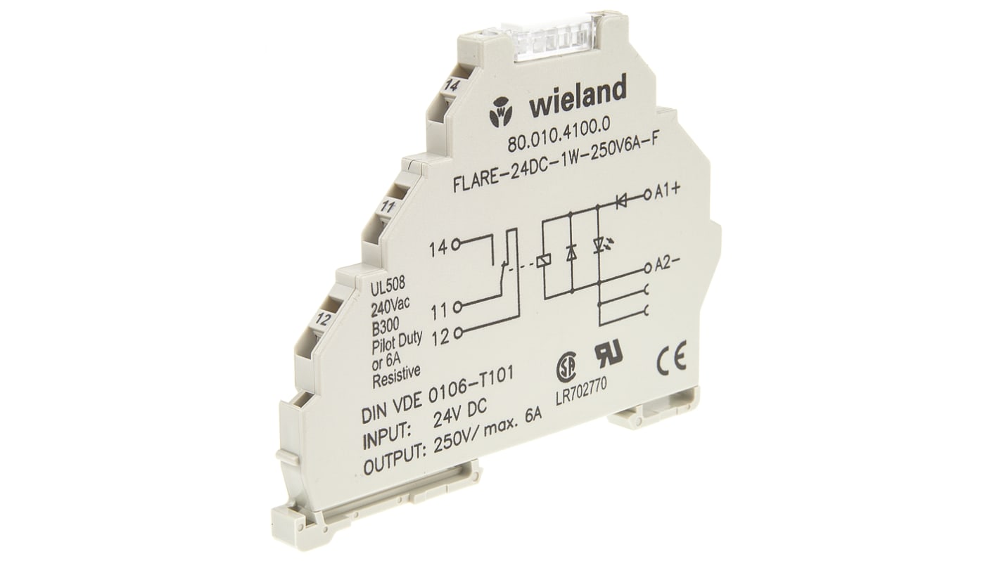 Wieland relè d'interfaccia 80.010.4100.0, modulo per guida DIN, 24V cc, contatti SPDT, dimensioni 70x6,2x98mm.