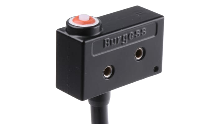 Microinterruttore SPDT pre-cablato Saia-Burgess, corpo metallico IP67, corrente 10 A a 250 V, dimensioni 21 mm x 29 mm x 53 mm.