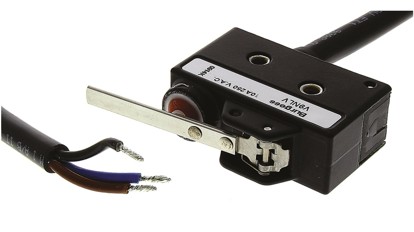 Microinterruttore SPDT pre-cablato Saia-Burgess, grado di protezione IP67, corpo metallico, dimensioni 21 mm x 29 mm x 53 mm.