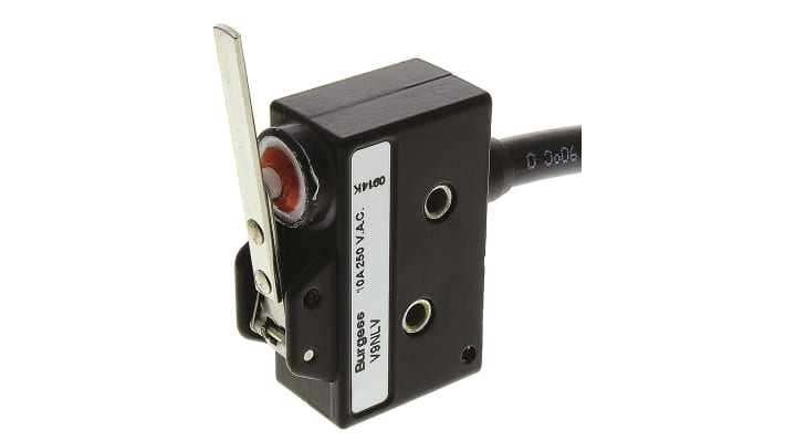 Microinterruttore SPDT pre-cablato Saia-Burgess, grado di protezione IP67, corpo metallico, dimensioni 21 mm x 29 mm x 53 mm.