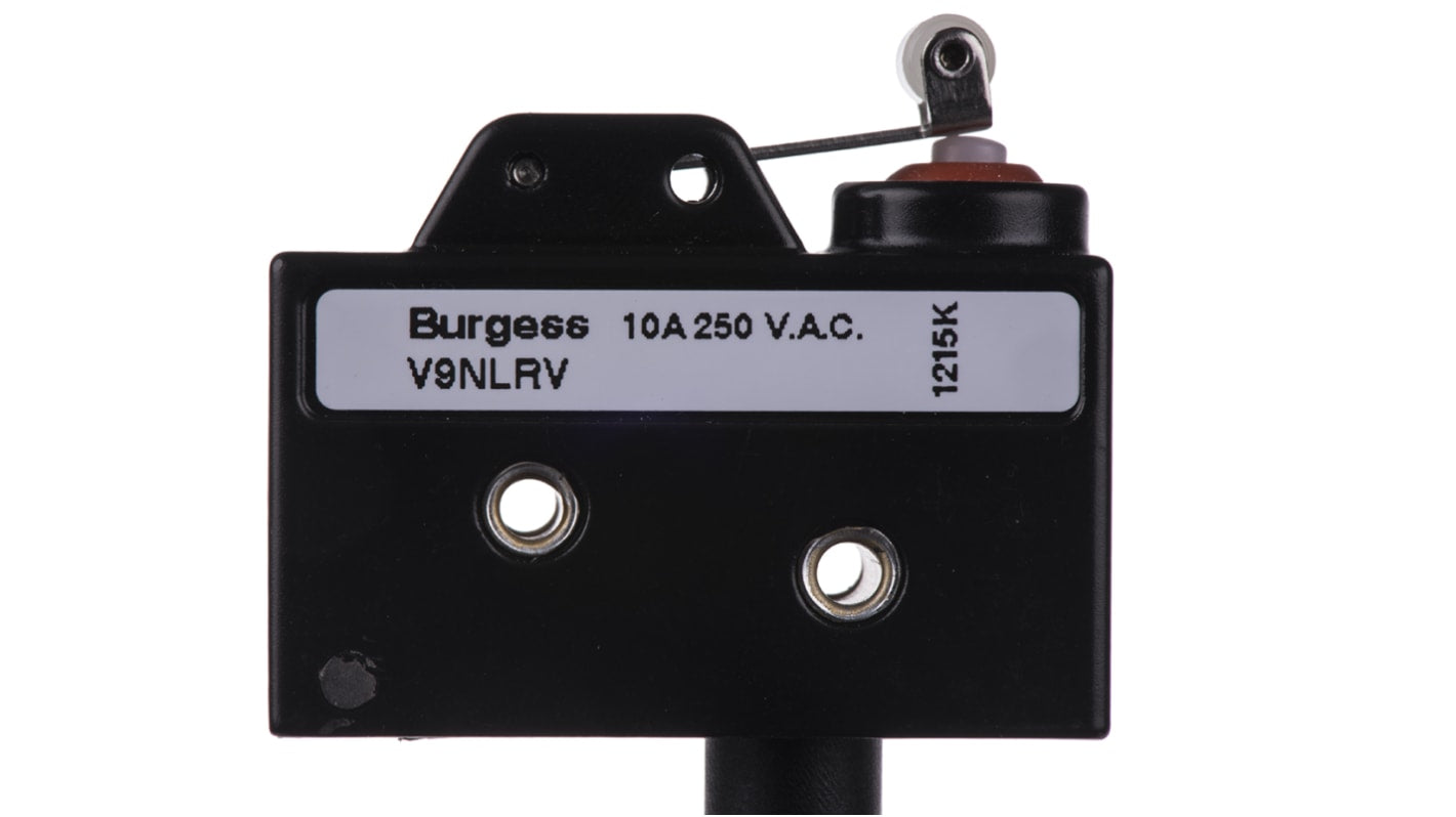 Microinterruttore SPDT pre-cablato Saia-Burgess, corpo metallico, grado di protezione IP67, dimensioni 21x29x53 mm.