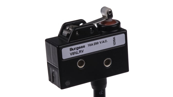 Microinterruttore SPDT pre-cablato Saia-Burgess, corpo metallico, grado di protezione IP67, dimensioni 21x29x53 mm.