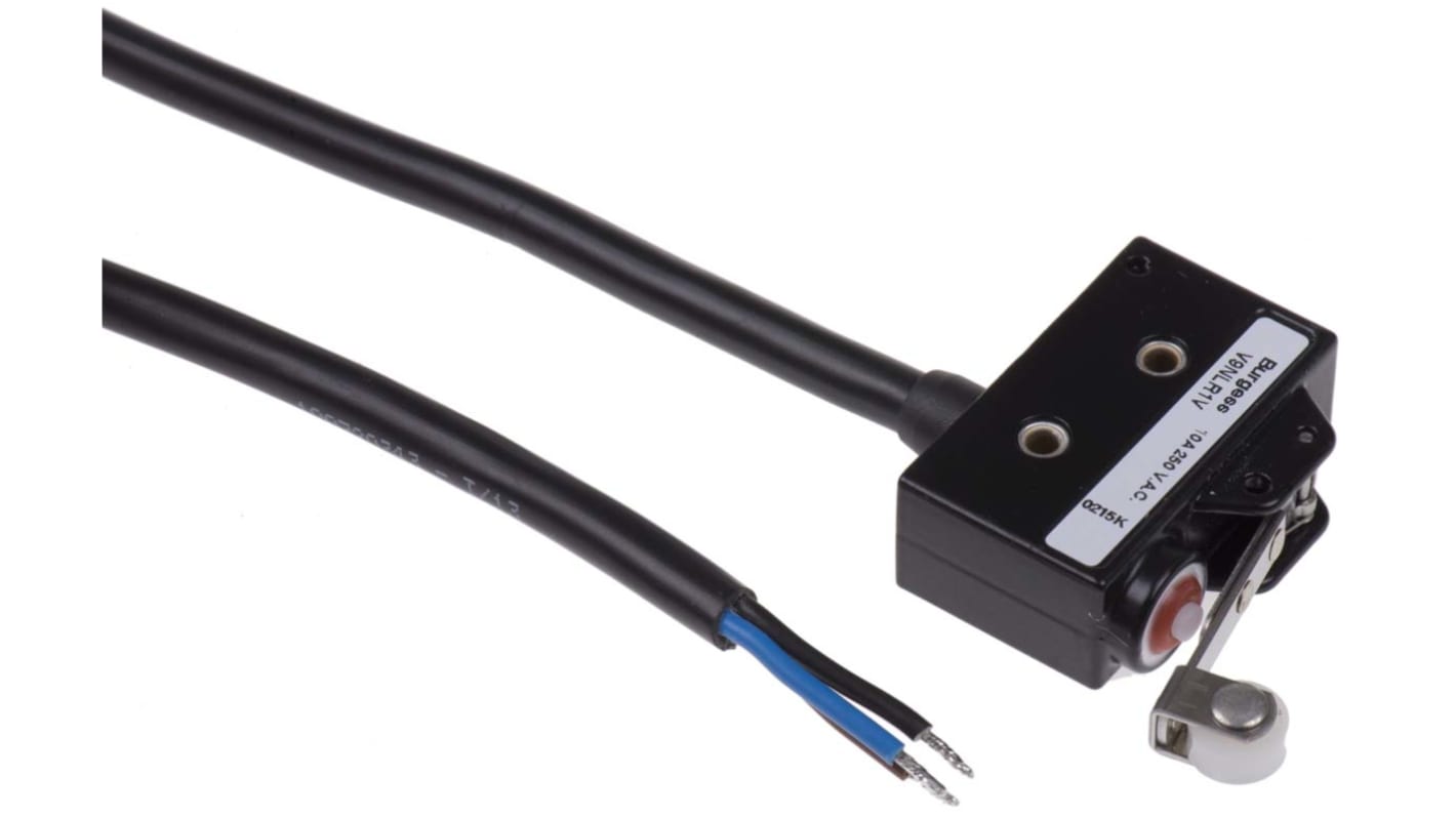 Microinterruttore SPDT pre-cablato Saia-Burgess, corpo metallico IP67, corrente 10 A a 250 V, dimensioni 21 mm x 29 mm x 53 mm.