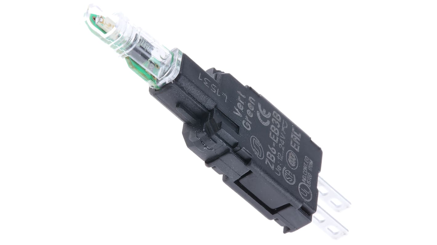Schneider Electric ZB6EB3B Blocco contatti luminoso LED Verde, 30V ca/cc, Harmony XB6, IP65, per installazioni rapide e personalizzate.