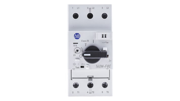 Interruttore automatico del motore Allen Bradley 140M-F8E-C32, corrente 23-32 A, montaggio su guida DIN, dimensioni 110x54x109.5 mm.