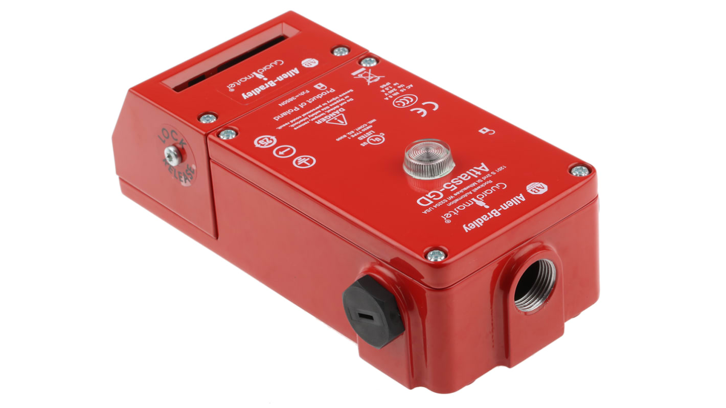 Interruttore di interblocco a solenoide Allen Bradley Guardmaster 440G-L07262, 230V, IP65, contatti 2NC e 1NO, dimensioni 90x56x184mm.