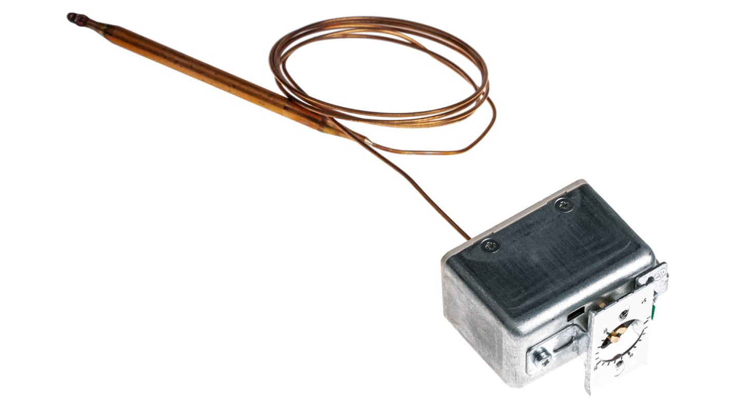 Termostato capillare Jumo, montaggio a pannello, temperatura operativa 0-150 °C, contatto SPST, regolazione con cacciavite.