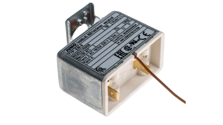 Termostato capillare Jumo, montaggio a pannello, temperatura operativa 0-150 °C, contatto SPST, regolazione con cacciavite.