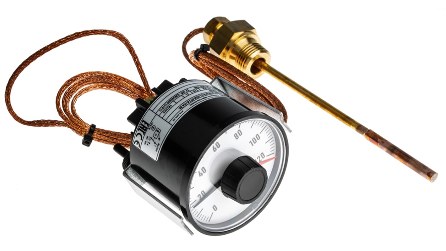 Termostato capillare Jumo, SPST, temperatura da 0 a +120 °C, contatto 10A, tensione 230V, sistema bimetallico.