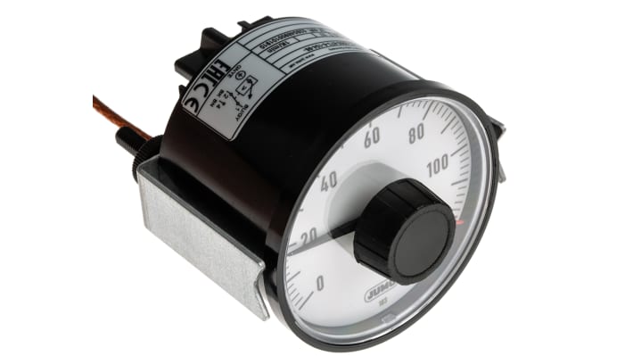 Termostato capillare Jumo, SPST, temperatura da 0 a +120 °C, contatto 10A, tensione 230V, sistema bimetallico.