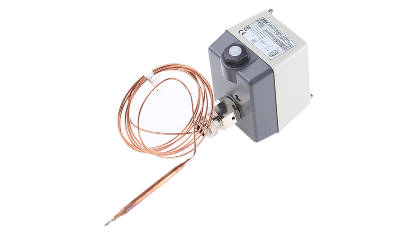 Termostato capillare Jumo per monitoraggio temperatura, regolazione interna, contatti NO/NC, montaggio superficiale.