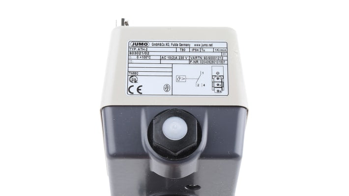Termostato capillare Jumo per monitoraggio temperatura, regolazione interna, contatti NO/NC, montaggio superficiale.