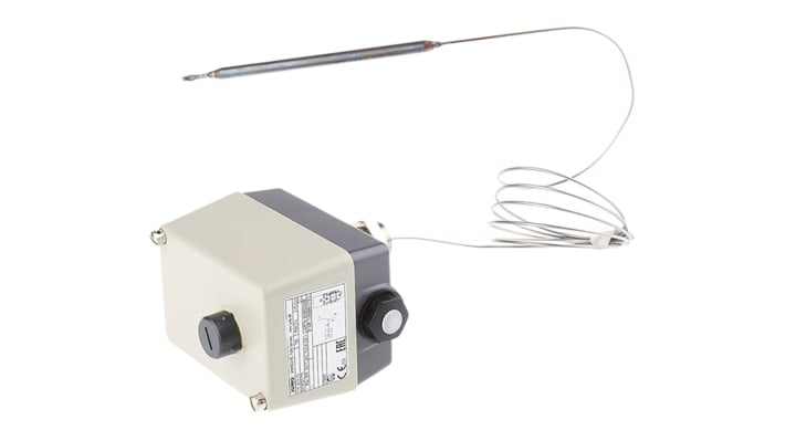 Termostato capillare Jumo, SPST, limitatore di temperatura 20-500°C, contatto 10A, montaggio su superficie, contenitore robusto.