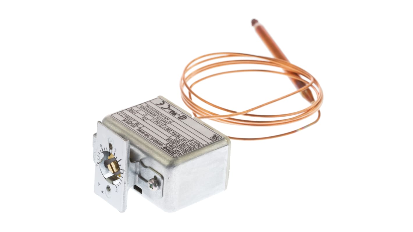 Termostato capillare Jumo, montaggio a pannello, temperatura da 0 a 200 °C, contatto SPST, portata 16A, reset automatico.