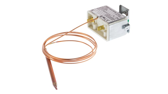 Termostato capillare Jumo, montaggio a pannello, temperatura da 0 a 200 °C, contatto SPST, portata 16A, reset automatico.