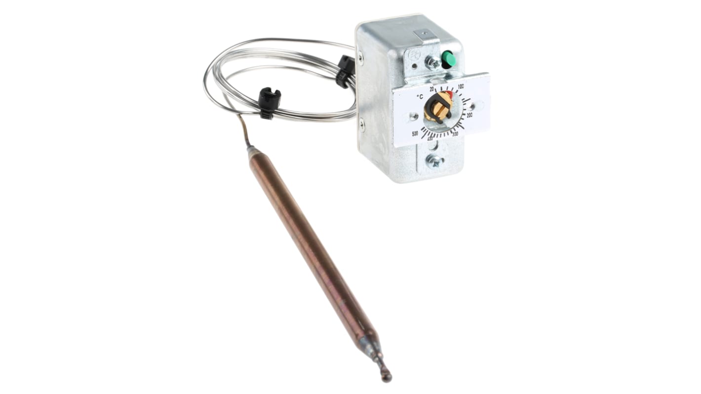 Termostato capillare Jumo, montaggio a pannello, regolazione temperatura 20-500 °C, contatto SPST 16A, 230V.