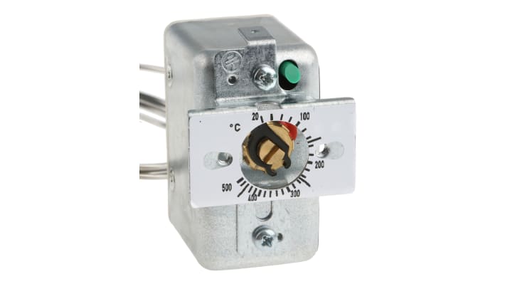 Termostato capillare Jumo, montaggio a pannello, regolazione temperatura 20-500 °C, contatto SPST 16A, 230V.