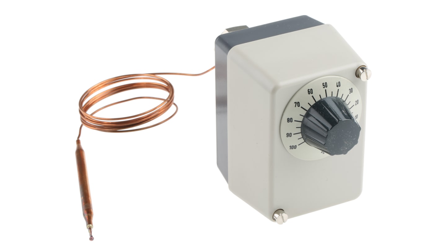 Termostato capillare Jumo, montaggio superficiale, regolazione esterna, contatto SPDT, grado di protezione IP54, 10A, 230V.
