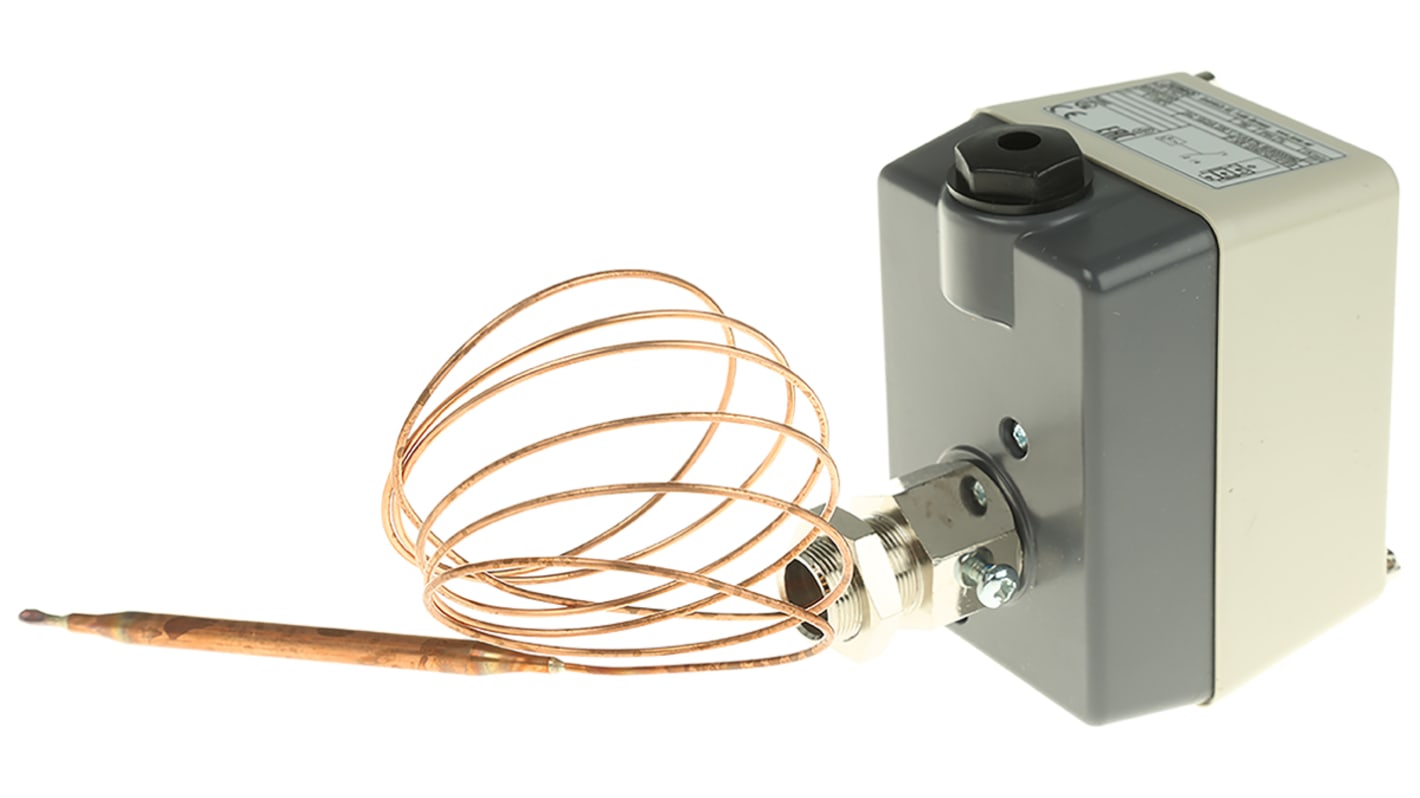 Termostato capillare Jumo 603021, montaggio superficiale, IP54, tubo 1000 mm, contatto SPST, regolazione interna, 0-100°C.