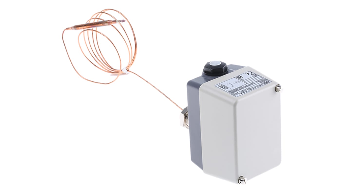 Termostato capillare Jumo, serie ATHf-2, con sonda da 2 metri, contatto SPST, montaggio superficiale, temperatura da +20°C a +150°C.