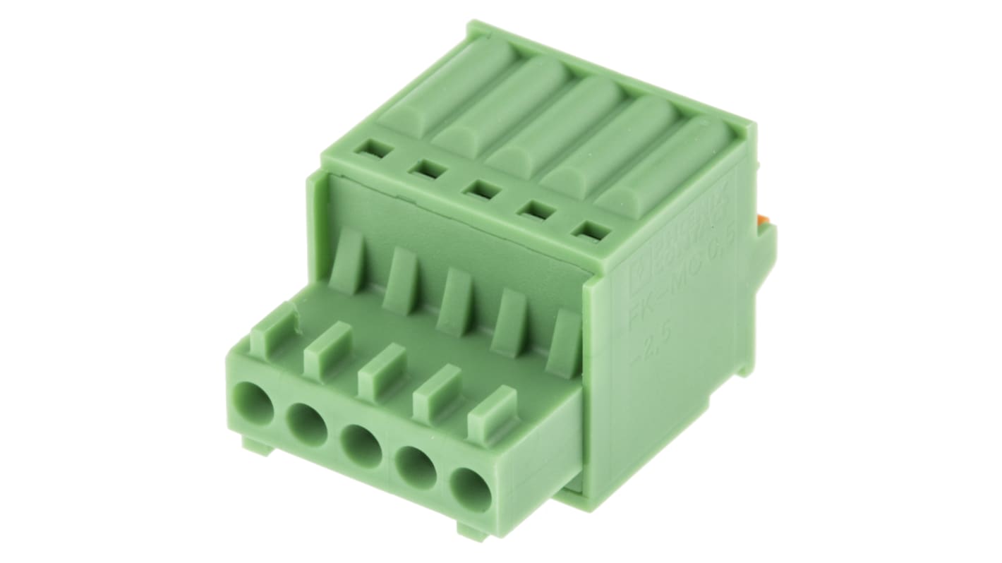 Morsettiera Phoenix Contact serie FK-MC 0,5/ 5-ST-2.5 - 1881354: connettore maschio in nylon verde, 5 contatti, 4A, 320V. Terminazione a gabbia a molla per connessioni rapide e sicure. Ideale per automazione ed elettronica.