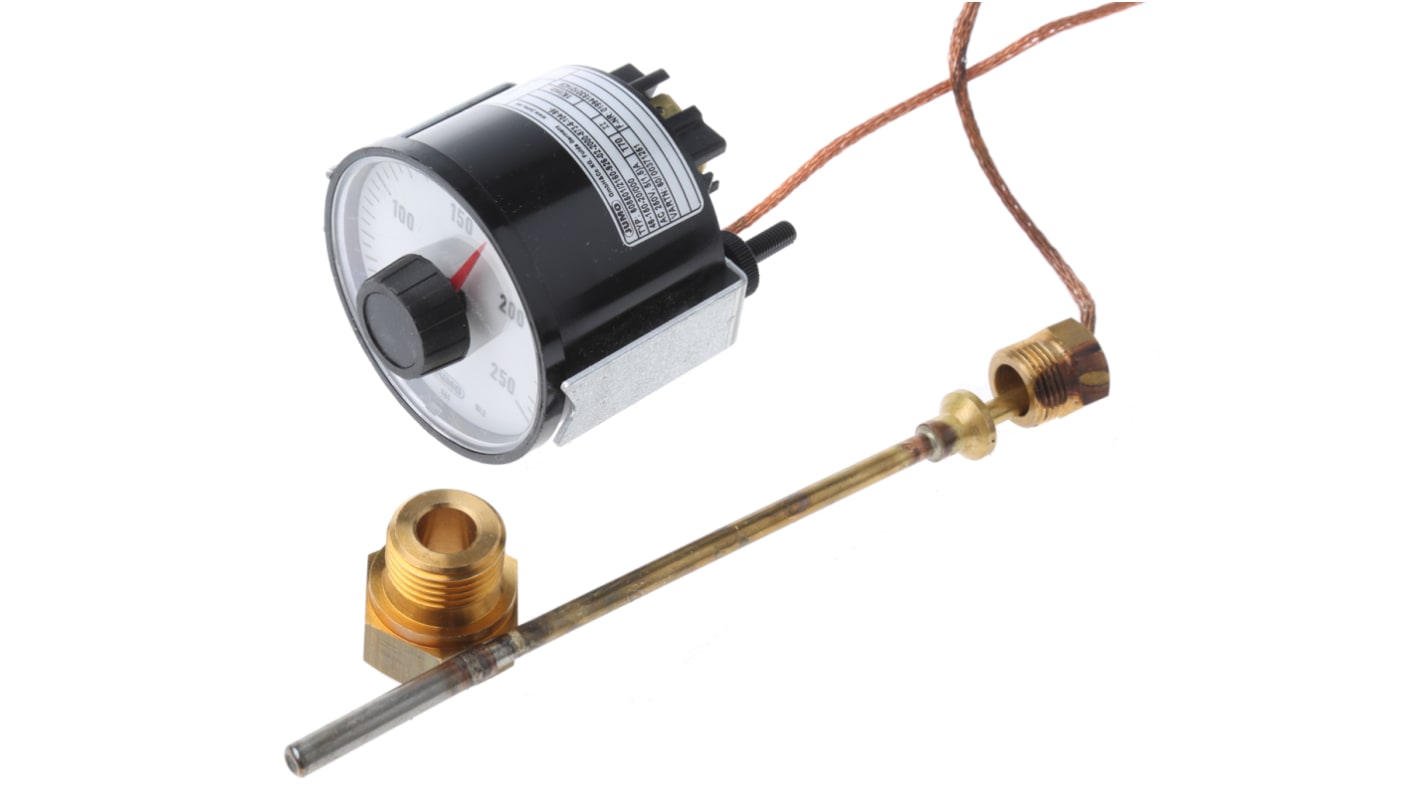 Termostato capillare Jumo, gamma di temperatura +50°C a +250°C, contatto 10A, tensione 230V, sistema bimetallico.