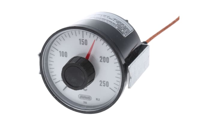 Termostato capillare Jumo, gamma di temperatura +50°C a +250°C, contatto 10A, tensione 230V, sistema bimetallico.