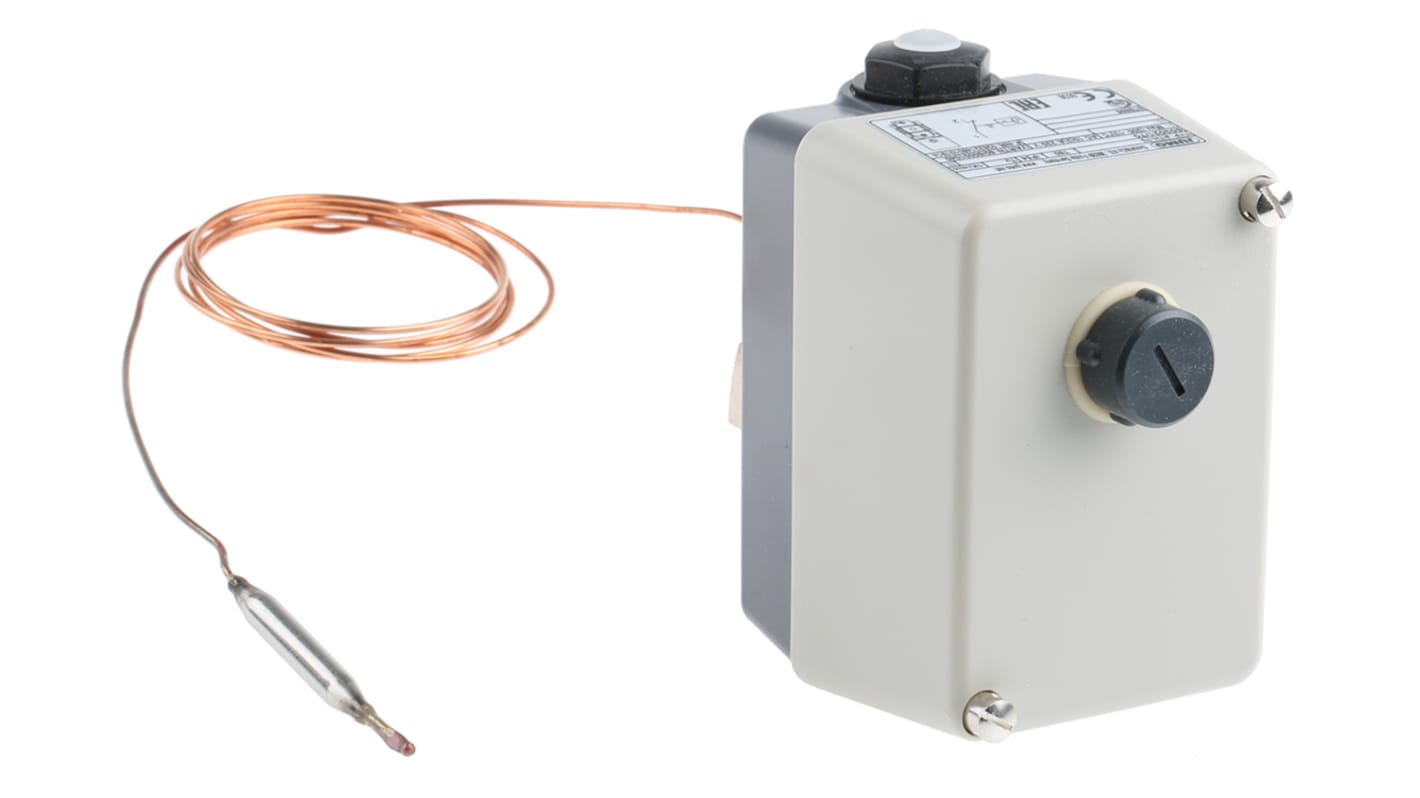 Termostato capillare Jumo per limitazione temperatura, montaggio superficiale, contatto NC, range +50°C a +300°C.