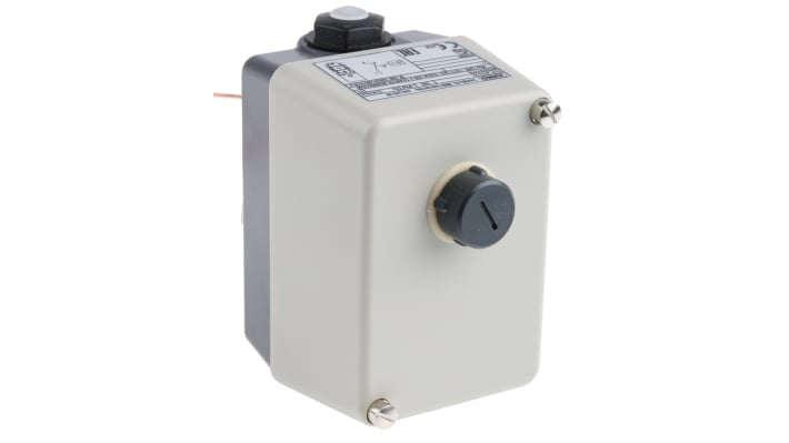 Termostato capillare Jumo per limitazione temperatura, montaggio superficiale, contatto NC, range +50°C a +300°C.