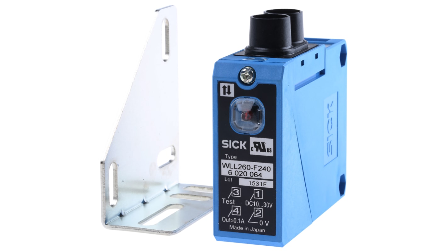 Sensore a fibre ottiche Sick WLL260-F240, PNP, IP66, 10-30 V c.c., dimensioni 63 x 25 x 100 mm, montaggio senza utensili.