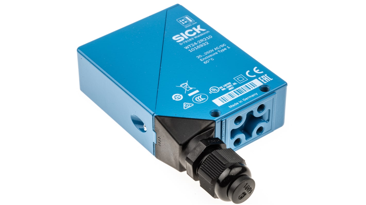 Sensore fotoelettrico Sick WT24-2R210, uscita relè SPDT, grado di protezione IP69, custodia in zinco, montaggio rotante.