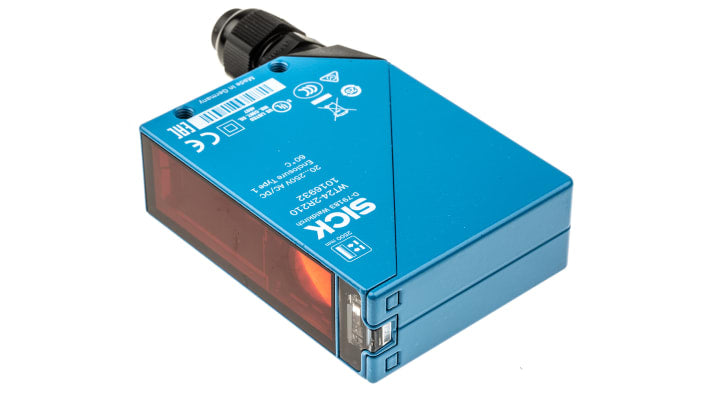 Sensore fotoelettrico Sick WT24-2R210, uscita relè SPDT, grado di protezione IP69, custodia in zinco, montaggio rotante.