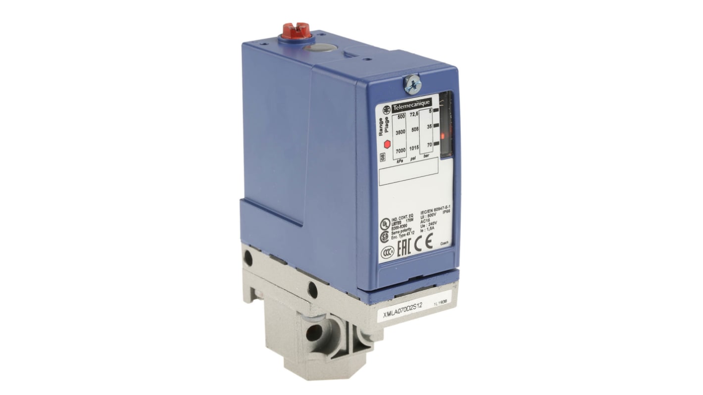 Sensore di pressione differenziale Telemecanique Sensors XMLA070D2S12, max 70 bar, uscita relè, IP66, -25/+70 °C.