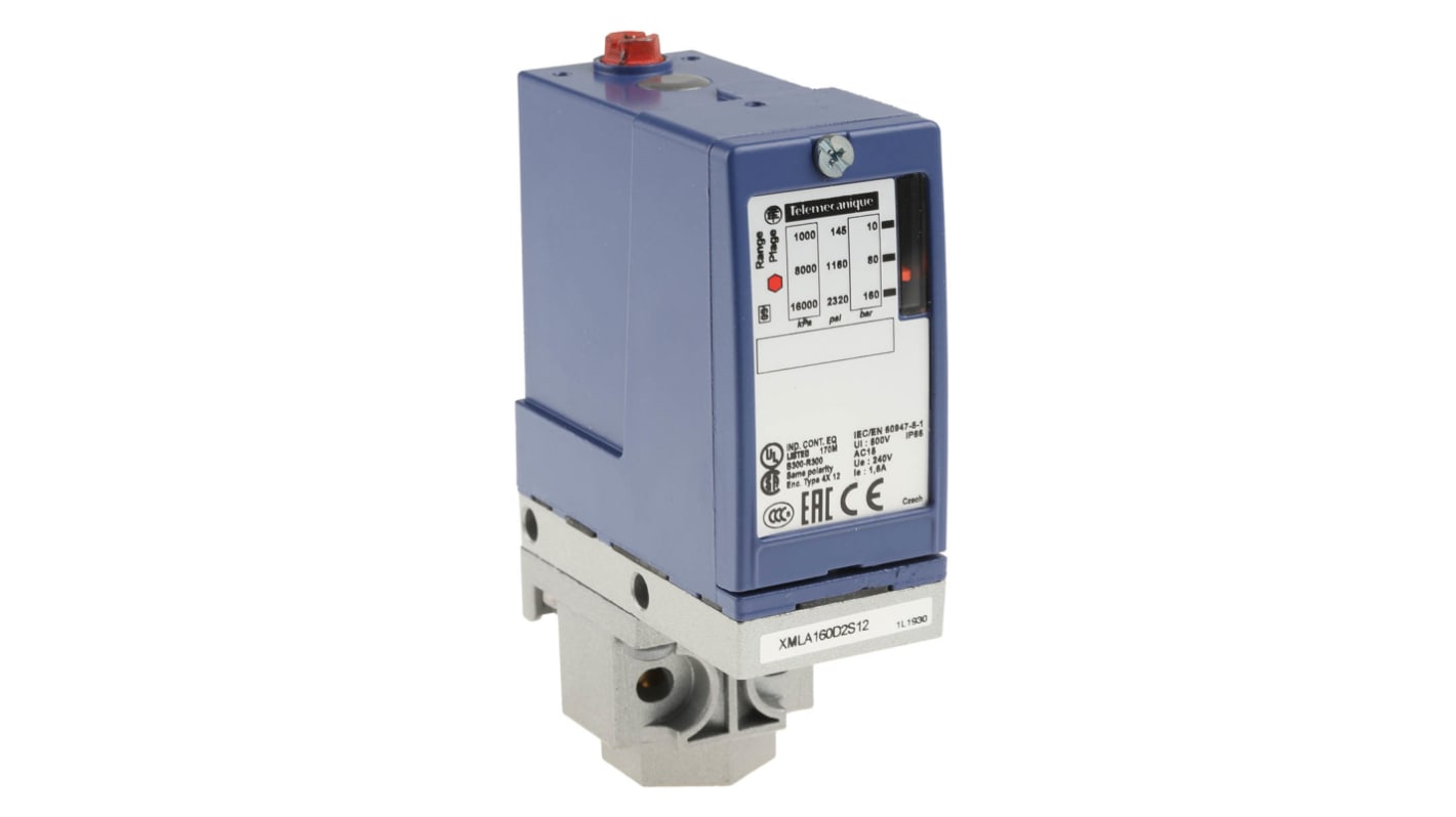 Sensore di pressione differenziale Telemecanique Sensors XMLA160D2S12, max 160 bar, uscita relè, IP66, -25 a +70 °C.