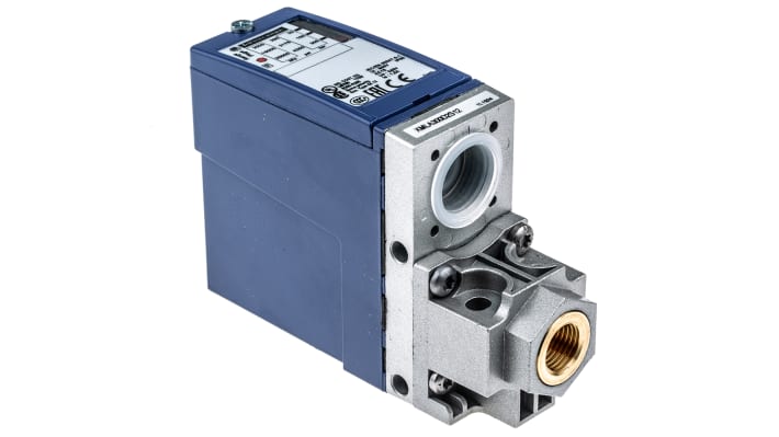 Sensore di pressione differenziale Telemecanique Sensors XMLA300D2S12, max 300 bar, uscita relè, dimensioni 75 x 35 x 113 mm.