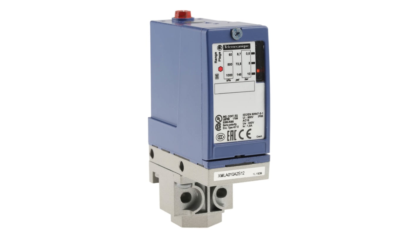 Sensore di pressione differenziale Telemecanique Sensors XMLA010A2S12, max 10 bar, uscita relè, IP66, -25 a +70 °C.