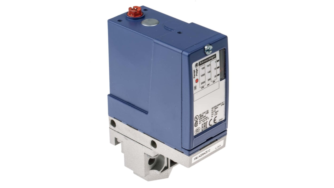Sensore di pressione differenziale Telemecanique Sensors XMLA020A2S12, max 20 bar, uscita relè, IP66, G1/4, -25 a +70 °C.