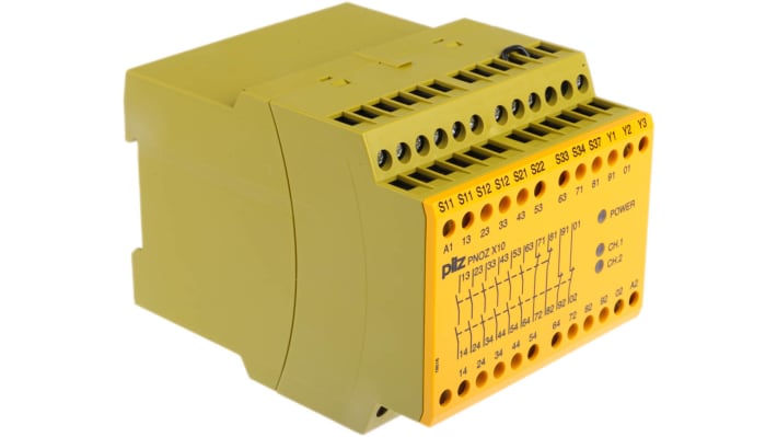 Relè di sicurezza Pilz PNOZ X10, 24V cc, 1 o 2 canali, 6 contatti N/O, montaggio su binario DIN, dimensioni 90x121x87mm.
