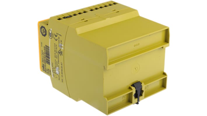 Relè di sicurezza Pilz PNOZ X10, 24V cc, 1 o 2 canali, 6 contatti N/O, montaggio su binario DIN, dimensioni 90x121x87mm.