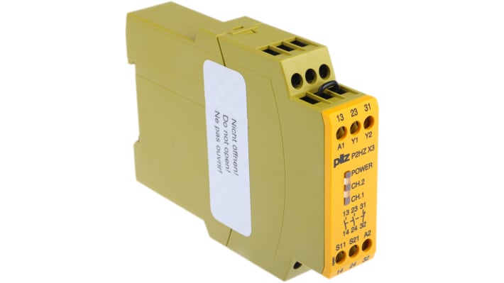 Pilz 774350, relè di sicurezza P2HZ X3, 24V cc, 2 canali, montaggio su binario DIN, larghezza 22,5mm, conforme EN60204-1.